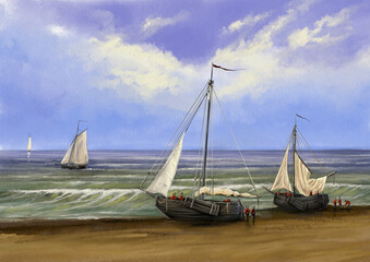 Obraz premium Paintings sea landscape, old fishing boats in the harbor