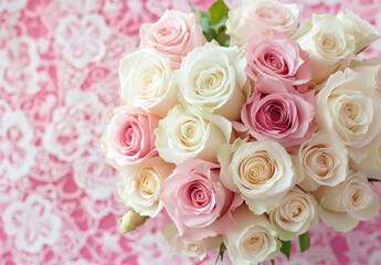 bouquet of white and pink roses, arranged in an elegant pattern on a Valentine's Day background