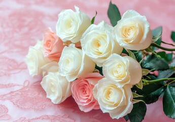Obraz premium bouquet of white and pink roses, arranged in an elegant pattern on a Valentine's Day background