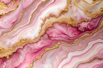 Obraz premium Elegant pink marble texture with flowing gold veins and intricate patterns, evoking a sense of luxury and feminine sophistication