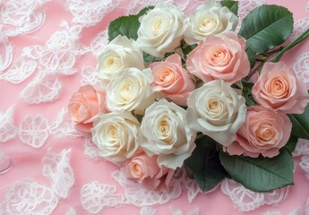 Obraz premium bouquet of white and pink roses, arranged in an elegant pattern on a Valentine's Day background