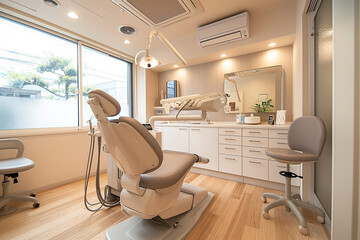 Modern interior of a dentist's office in white and beige 
shade with chair, table, dental instruments