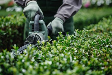 Gardener trimming green hedges using a power tool in the garden. Gardening activity focused on neat and clean bushes. Close-up of hands in gloves. Image reflects garden maintenance style. AI