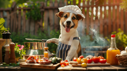 A dog wearing a chef's hat and an apron preparing a grill On the counter are vegetables such as tomatoes and peppers. Cooking outdoors on summer vacation.