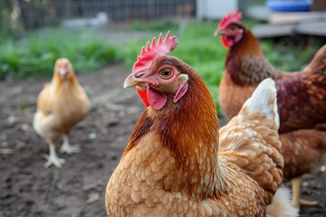 Fototapeta premium brown chicken and two other chickens are in an outdoor yard