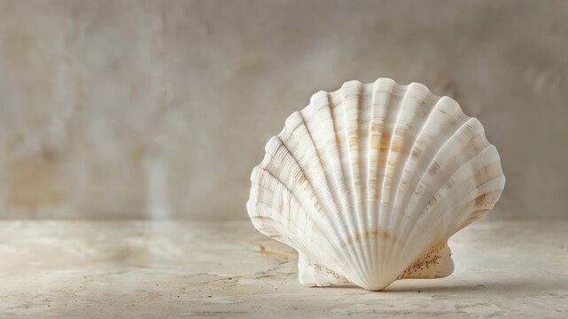 Delicate scallop shell against a textured, sandy background, conveying a sense of tranquility.