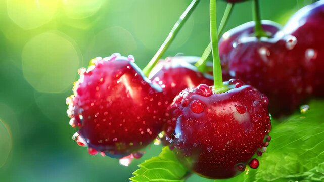 Dew-covered cherries with vibrant green background.