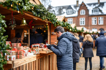 Daytime Christmas market with festive decorations and shoppers browsing gifts