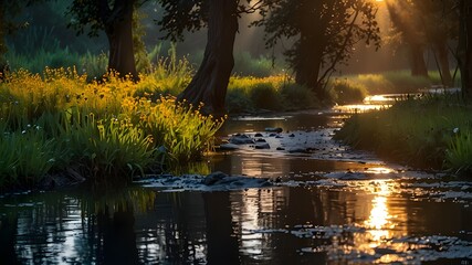 Fototapeta premium reflection of sun in water in morning 