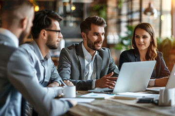 Diverse businesspeople sitting at office desk discussing business project together