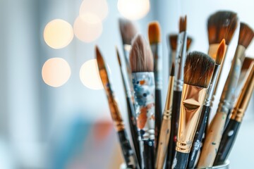 Fototapeta premium Used paintbrushes in a glass jar