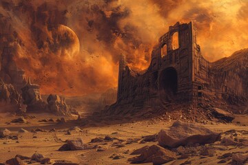 Ancient ruins in a desolate desert landscape with a large moon and stormy sky