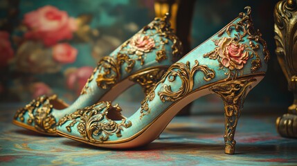 Elegant Ornate Regency-Style High Heels - Luxurious turquoise and gold high heels with intricate floral detailing, perfect for formal events or historical-themed photoshoots.