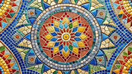 Decorative mosaic with floral patterns, vibrant geometric tile design