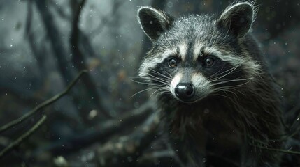 Naklejka premium A sharp focus of a raccoon in a forest peering at the lens with a hazy gaze on its visage