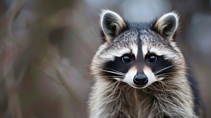 Fototapeta premium Raccoon face, close-up, blurred tree background