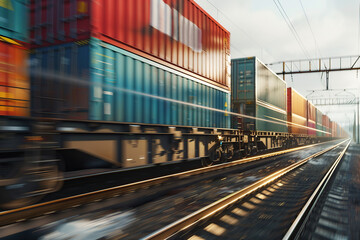 Fototapeta premium Freight train in motion with containers