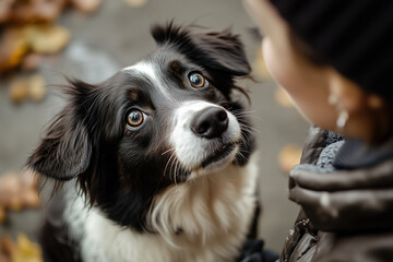 Attentive Border Collie with Black and White Fur, Gazing Up at Human, Outdoor Scene