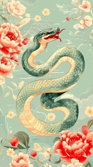 Fototapeta premium Ethereal Serpent of the Chinese Zodiac: A Stylized Illustration of the Snake Encircled with Geometric Florals on a Verdant Background