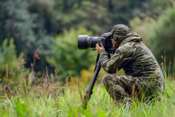 Nature photographer taking pictures in the wild with professional camera and zoom lens in camouflage attire. Wildlife photography in natural habitat. Capturing nature moments up close. AI