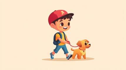Happy Boy Walking His Dog