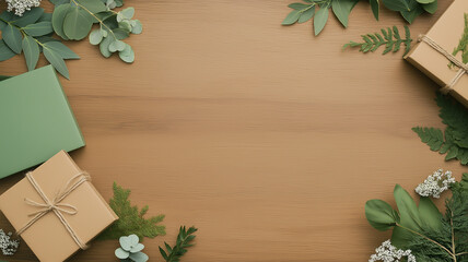 Eco-friendly product displayed on a wooden table, surrounded by greenery, warm tones with open copy space for sustainability campaigns