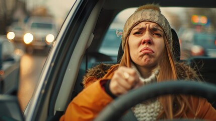 Frustrated Woman Driving in the City