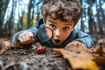 A little boy with a magnifying glass in his hand is admiring the ladybug in nature