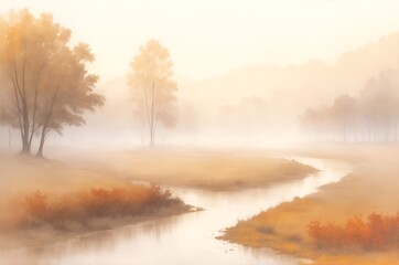 Naklejka premium Autumn landscape with trees on the river bank in the morning thick fog