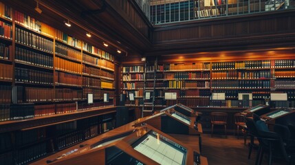 Elegant Library Interior Blending Traditional Wooden Shelves with Digital Screens