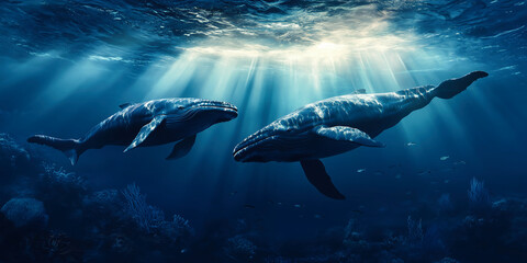Fototapeta premium Majestic Whales Swimming Beneath Ocean Sunbeams