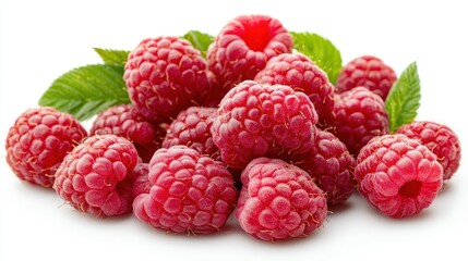 A bunch of vibrant red raspberries with a slightly fuzzy texture, arranged on a white background.
