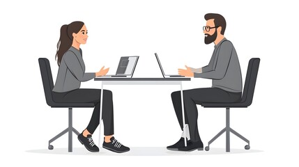 A young man and woman sitting at a table in an office, vector illustration with a white background, a laptop on the desk