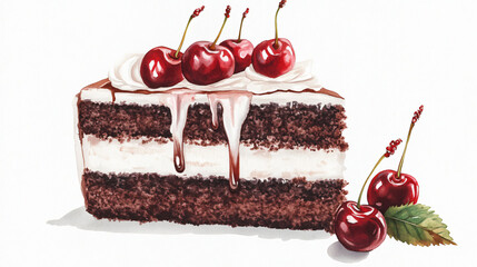 A watercolor black forest cake with cherries on a plain white background