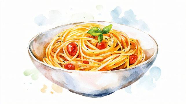 A watercolor bowl of spaghetti centered on a plain white background