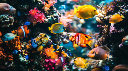 Yellow tang fish swimming among color