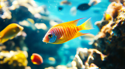 Fototapeta premium A vibrant yellow tang fish swimming in a colorful tropical aquarium