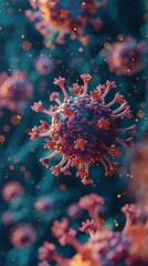   A close-up of a corona, or COVID-19, virus, with multiple copies of the coronavirus structure visible in detail