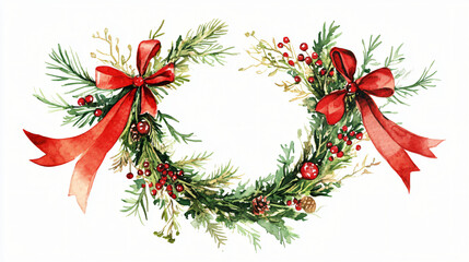 A watercolor Christmas wreath with ribbons on a plain white background
