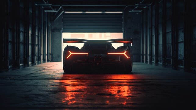 A modern sports racing car's silhouette is seen from the back, parked in a dark garage. This is a realistic 3D rendering and illustration.