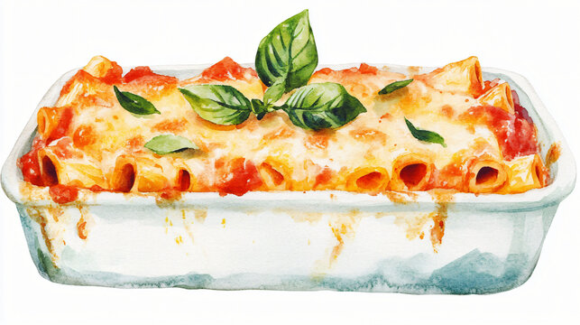 A watercolor dish of baked ziti on a plain white background