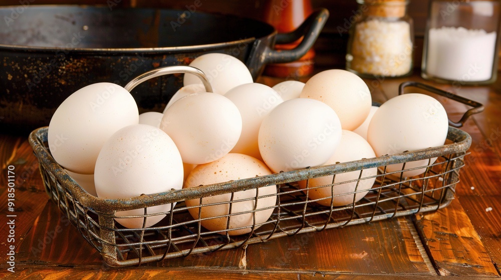 Poster a white-egg-filled metal basket rests on a wooden table beside a frying pan and lit candle