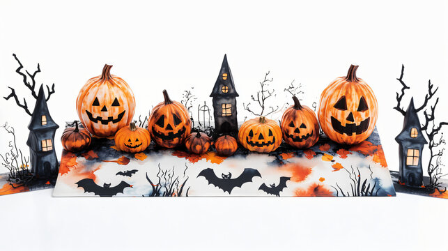 A watercolor Halloween table runner with eerie patterns on a plain white background