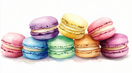 Obraz premium A watercolor macarons stack with pastel colors on a plain white background