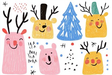 Cute Hand-Drawn Christmas Reindeer and Tree Celebration Illustration