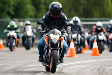 Motorcycle Training School Session With Students Practicing Maneuvers in Scenic Outdoor Area