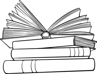 Stack of books with an opened notebook with pages on top. School, education library symbol. Vector illustration in hand drawn sketch doodle style. Line art isolated on white for coloring book, print