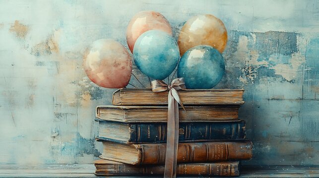 Vintage books with colorful balloons: creative composition for education and reading inspiration. Whimsical still life for library events, bookstore promotions, or literary festivals