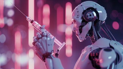 Robot Holding Syringe in Futuristic Setting