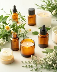 High-angle shot of various essential oils in amber bottles, surrounded by fresh herbs and candles, creating a calm and holistic atmosphere